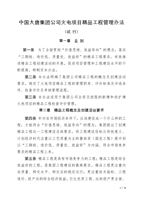 中国大唐集团公司火电项目精品工程管理办法