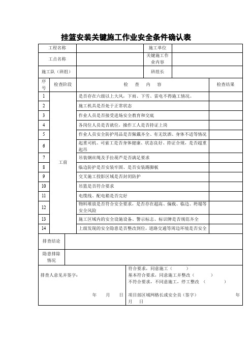 关键施工作业安全条件确认表(挂篮安装拆除及走行)