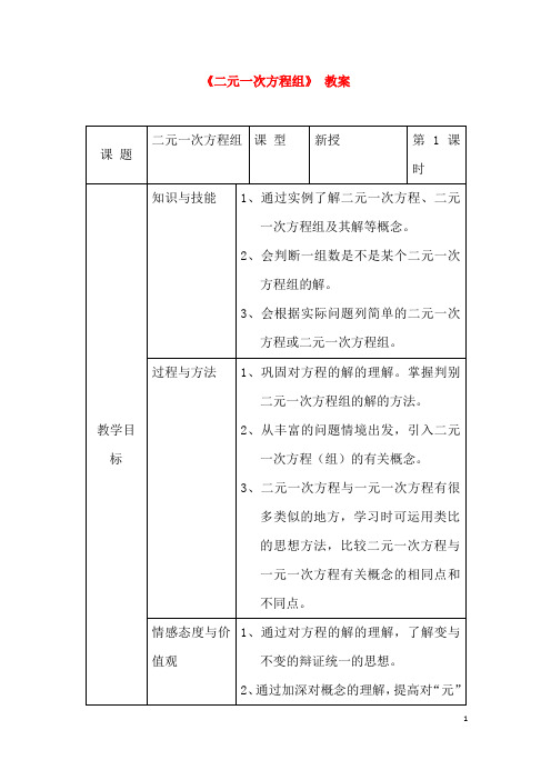 (最新)数学七年级下册第8章《二元一次方程组》省优质课一等奖教案