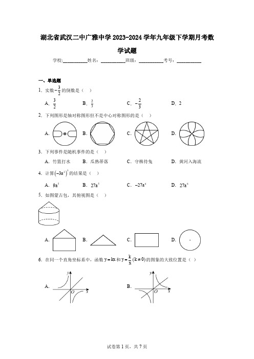 湖北省武汉二中广雅中学2023-2024学年九年级下学期月考数学试题