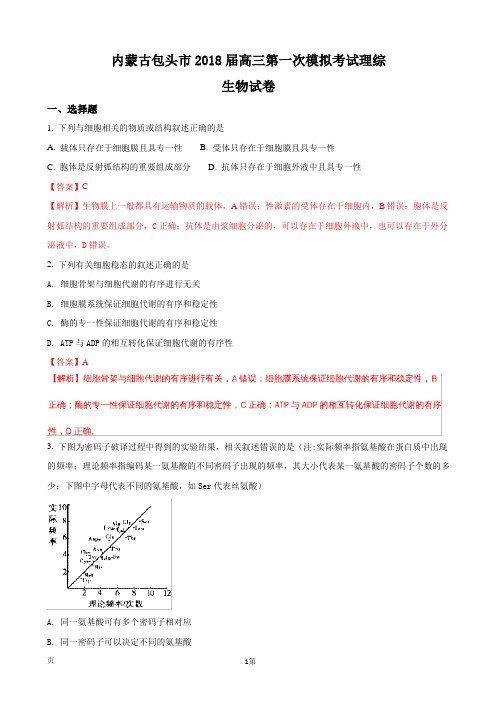 2018届内蒙古包头市高三第一次模拟考试理综生物试题(解析版)