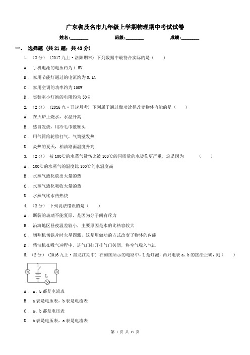 广东省茂名市九年级上学期物理期中考试试卷