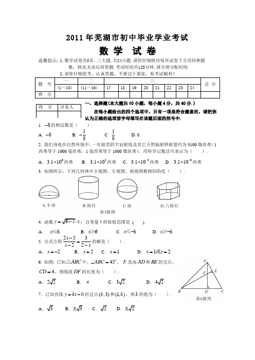 2011安徽芜湖中考数学及答案