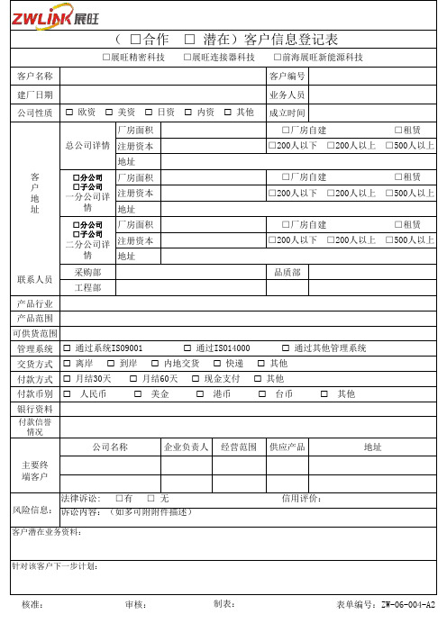 ZW-06-004-A3 客户信息登记表