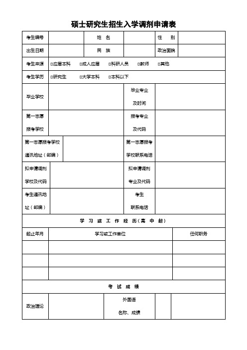 硕士研究生招生入学调剂申请表