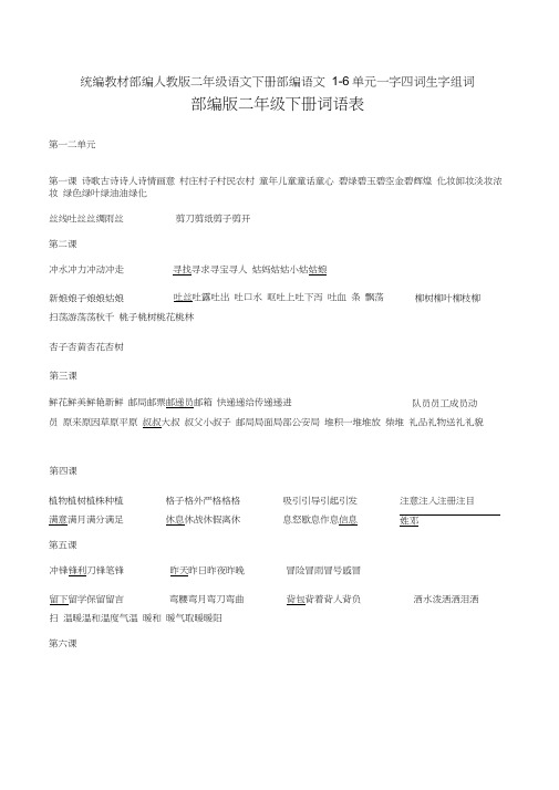 统编教材部编人教版二年级语文下册部编语文1-6单元一字四词生字组词