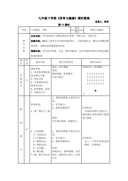 九年级下学期《体育与健康》第18课教案  立定跳远：考核