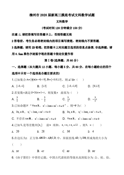 柳州市2020届新高三摸底考试文科数学试题(7页)