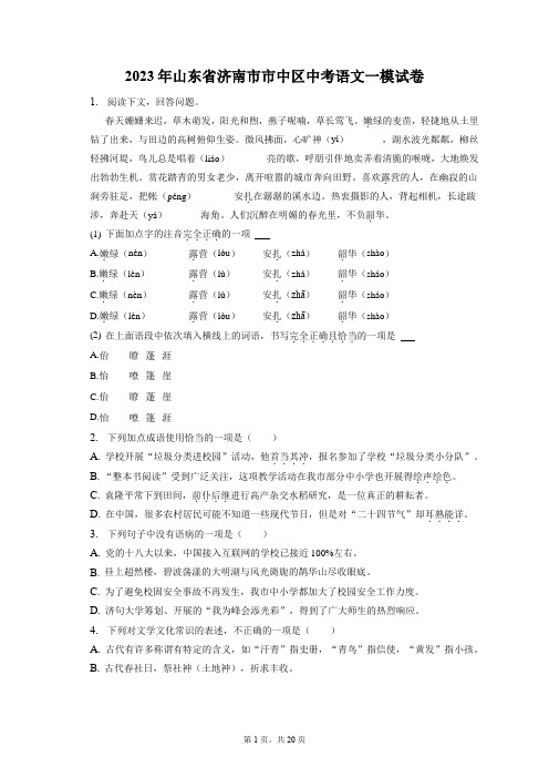 2023年山东省济南市市中区中考语文一模试卷(含答案解析)