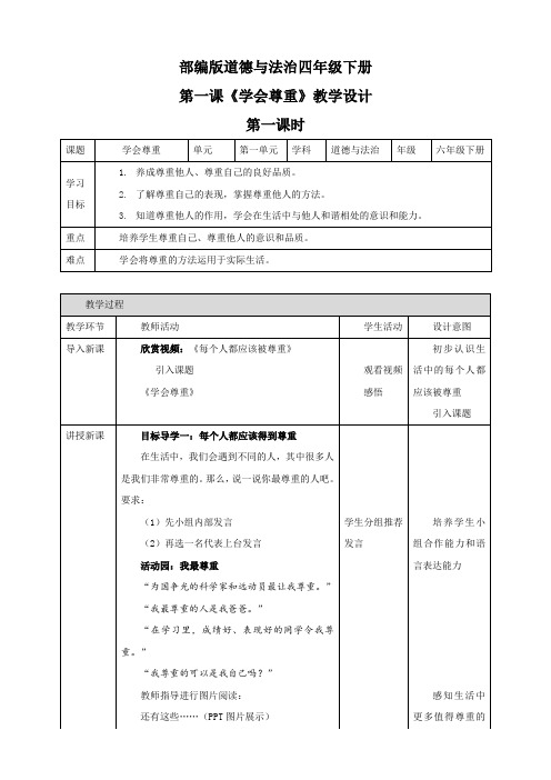 部编版小学道德与法治六年级下册第一课《学会尊重》教案