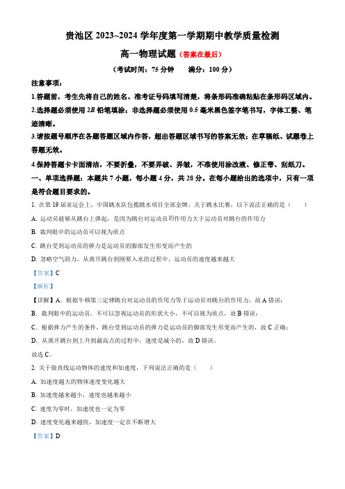 安徽省池州市贵池区2023-2024学年高一上学期期中考试物理试卷含解析