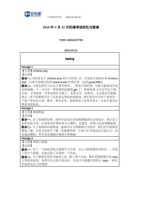 2014年3月22日托福考试回忆与答案