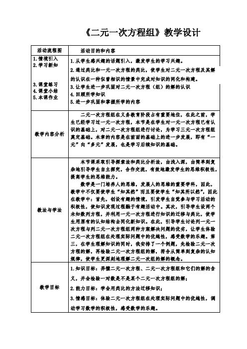 宁夏吴忠市第三中学人教版七年级数学下 《二元一次方程组》教学设计