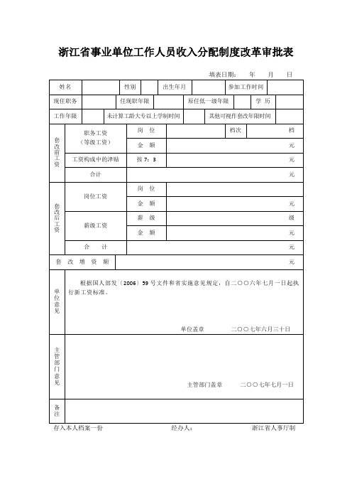 2006 浙江省事业单位工作人员收入分配制度改革审批表