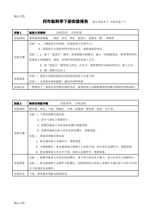 最新青岛版四年级下册科学实验报告