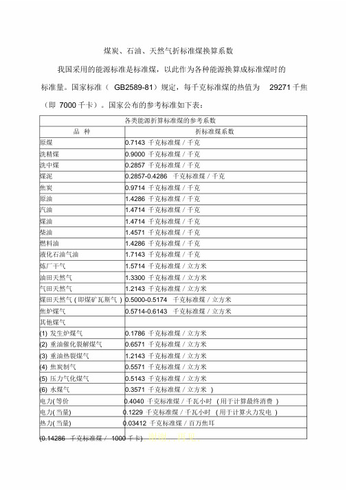 煤炭、石油、天然气折标准煤换算系数