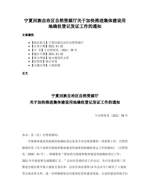 宁夏回族自治区自然资源厅关于加快推进集体建设用地确权登记发证工作的通知