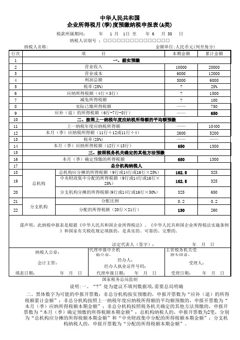 企业所得税月(季)度预缴纳税申报表(A类)填写草稿