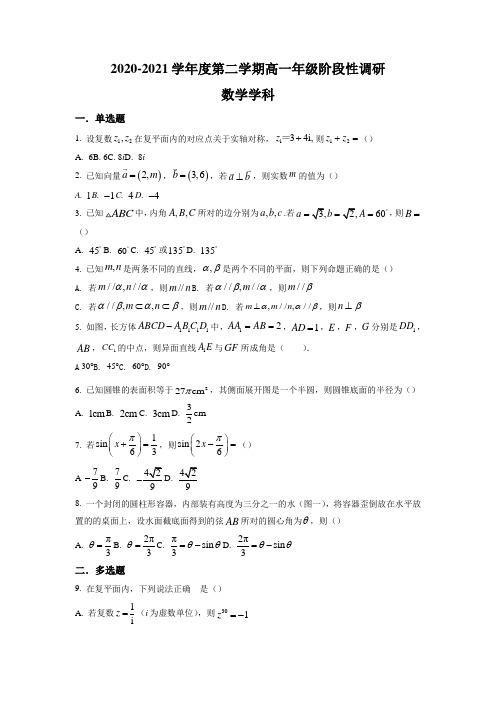 南京师范大学附属中学江宁分校2020-2021学年高一下学期第二次月考数学试题(原卷+解析)