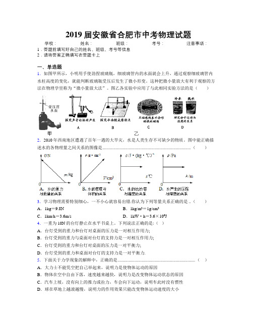 最新2019届安徽省合肥市中考物理试题及解析