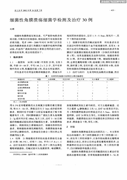 细菌性角膜溃疡细菌学检测及治疗30例