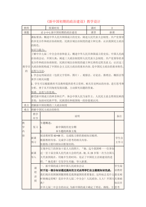 四川宜宾一中2017_2018学年高中历史上学期《新中国初期的政治建设》教学设计新人教版必修