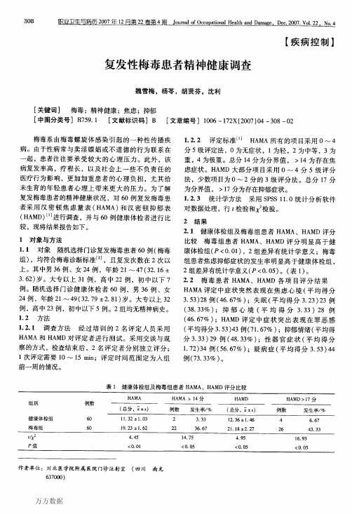 复发性梅毒患者精神健康调查