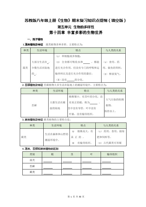 苏教版八年级上册《生物》期末复习知识点提纲(填空版+答案版)