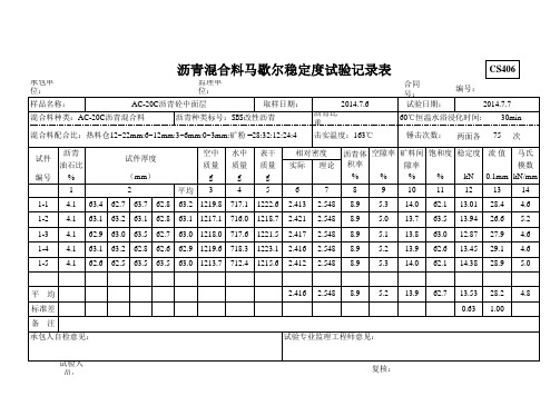 沥青混合料马歇尔稳定度记录表