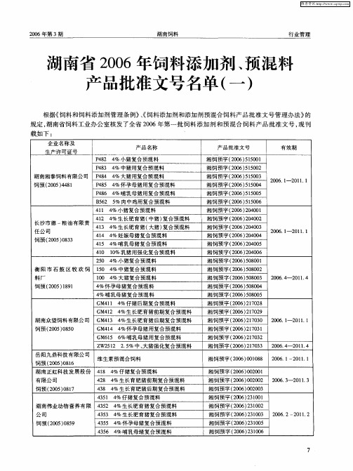 湖南省2006年饲料添加剂、预混料产品批准文号名单(一)