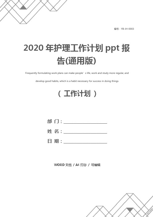 2020年护理工作计划ppt报告(通用版)