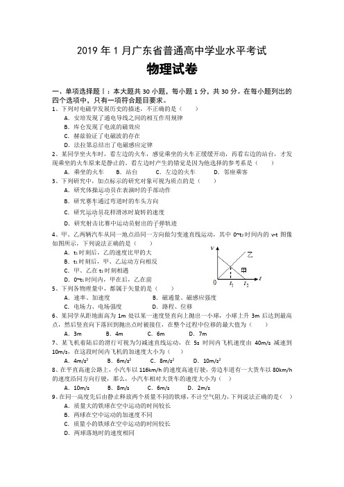 2019年1-6月广东省普通高中学业水平考试 物理试卷(附答案)