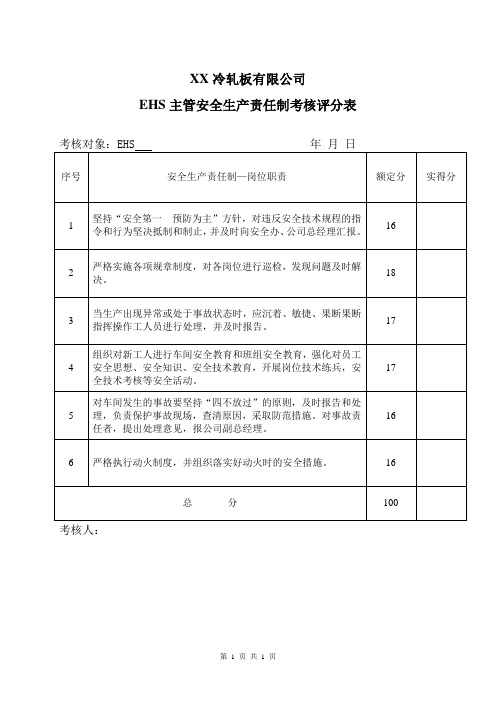 XX冷轧板有限公司EHS主管安全生产责任制考核评分表(2024年)