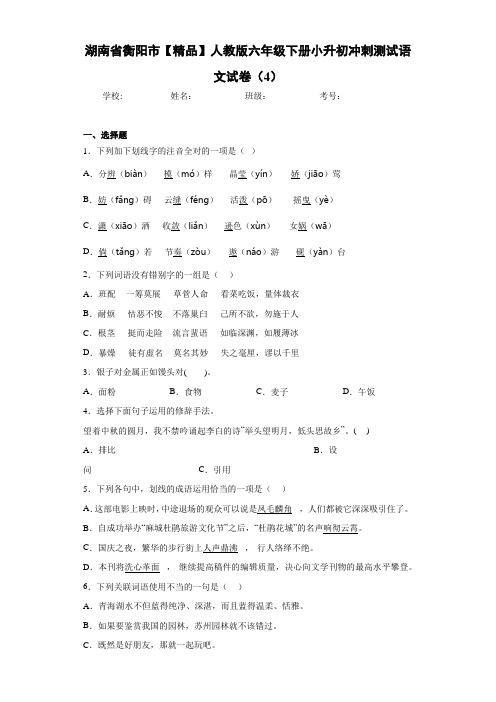 人教版六年级下册小升初冲刺测试语文试卷(4)(含答案解析)