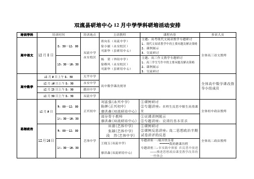 双流县研培中心12月中学学科研培活动安排