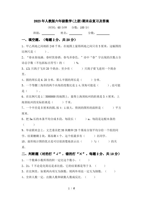 2023年人教版六年级数学(上册)期末总复习及答案