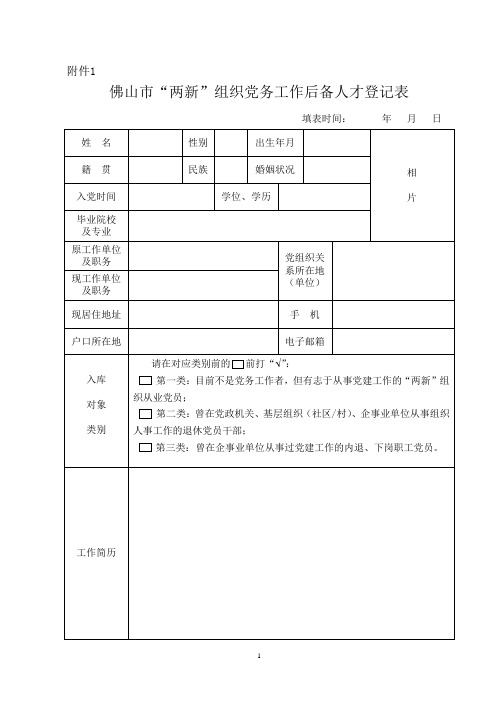 组织党务工作后备人才登记表