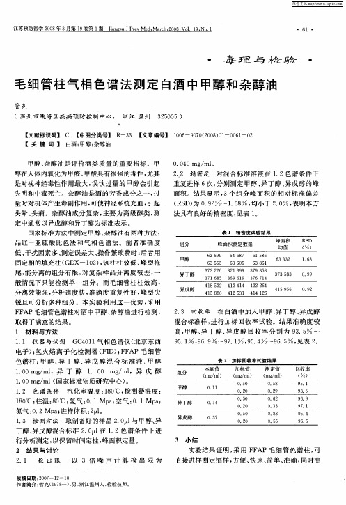 毛细管柱气相色谱法测定白酒中甲醇和杂醇油