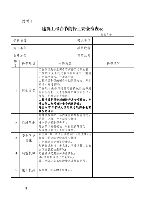 建筑工程春节前停工安全检查表