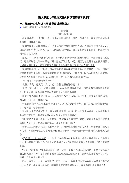 新人教版七年级语文课外阅读理解练习及解析