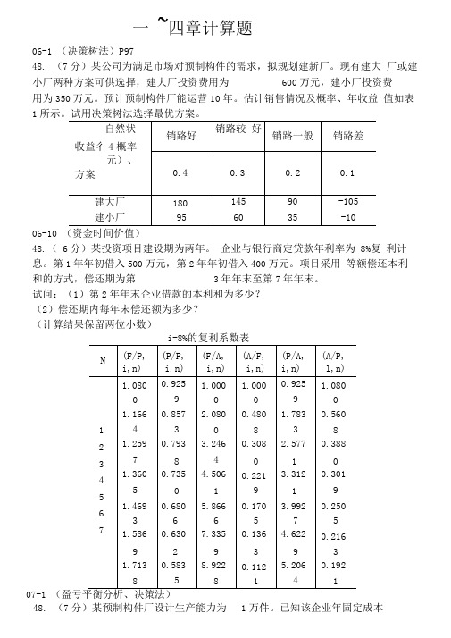 建筑经济与企业单位管理自考计算题大汇总