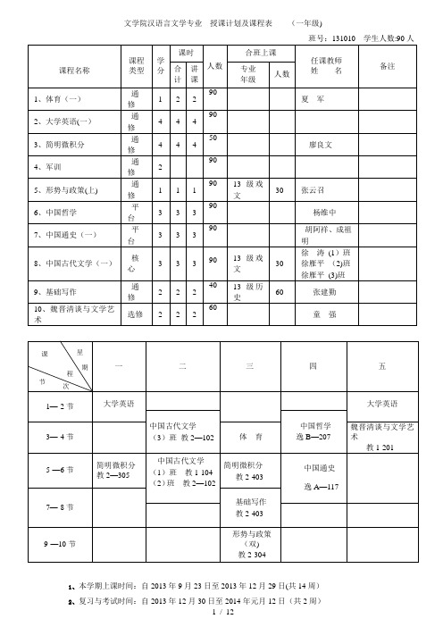 文学院汉语言文学专业授课计划及课程表(一年级)