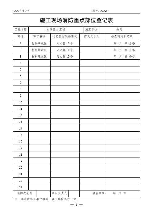 施工现场消防重点部位登记表