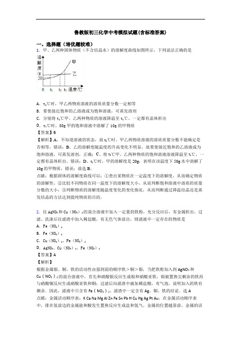 鲁教版初三化学中考模拟试题(含标准答案)