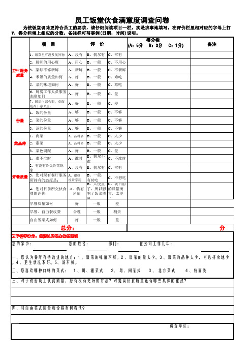 公司职员伙食满意度调查问卷