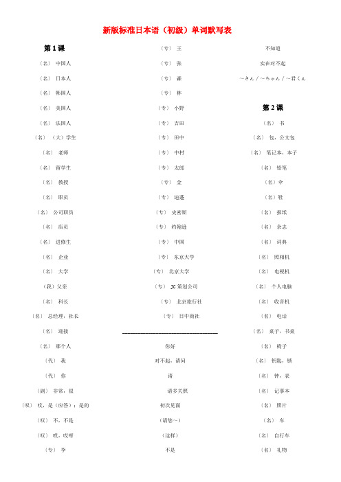 新版标准日本语(初级)上下册单词默写表