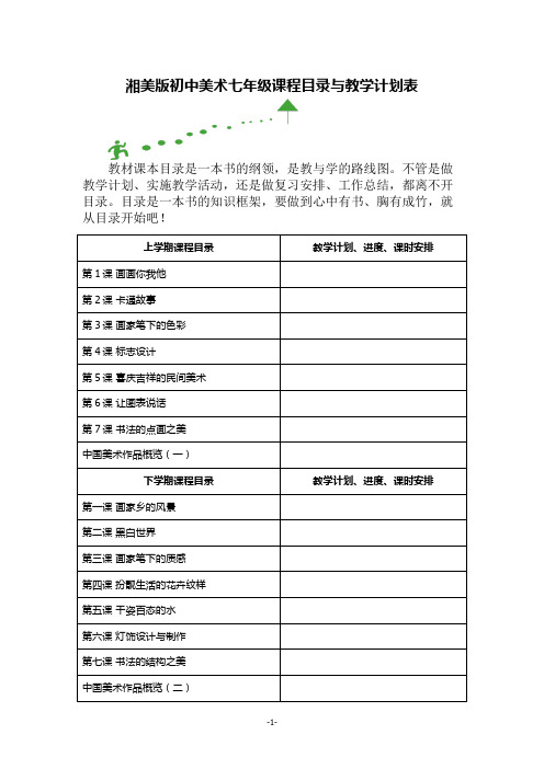 湘美版初中美术七年级课程目录与教学计划表