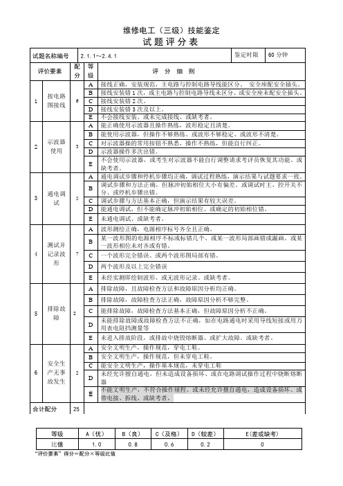 维修电工_3级_操作技能鉴定2.1.1~2.4.1试题评分表