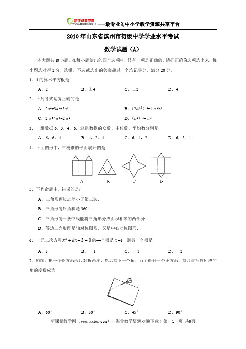 2010年山东省滨州市中考数学试题及答案(word版)