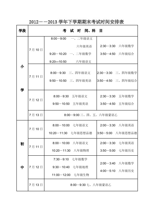 2013年7期末考试时间表